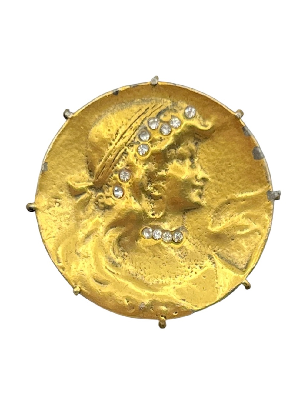 ALVA DVB museum replica Art Nouveau style gold tone faux coin rhinestone brooch